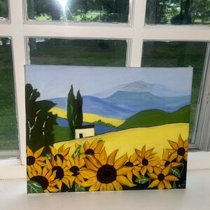Sunflower Field Landscape Canvas Art - Yellow & Blue